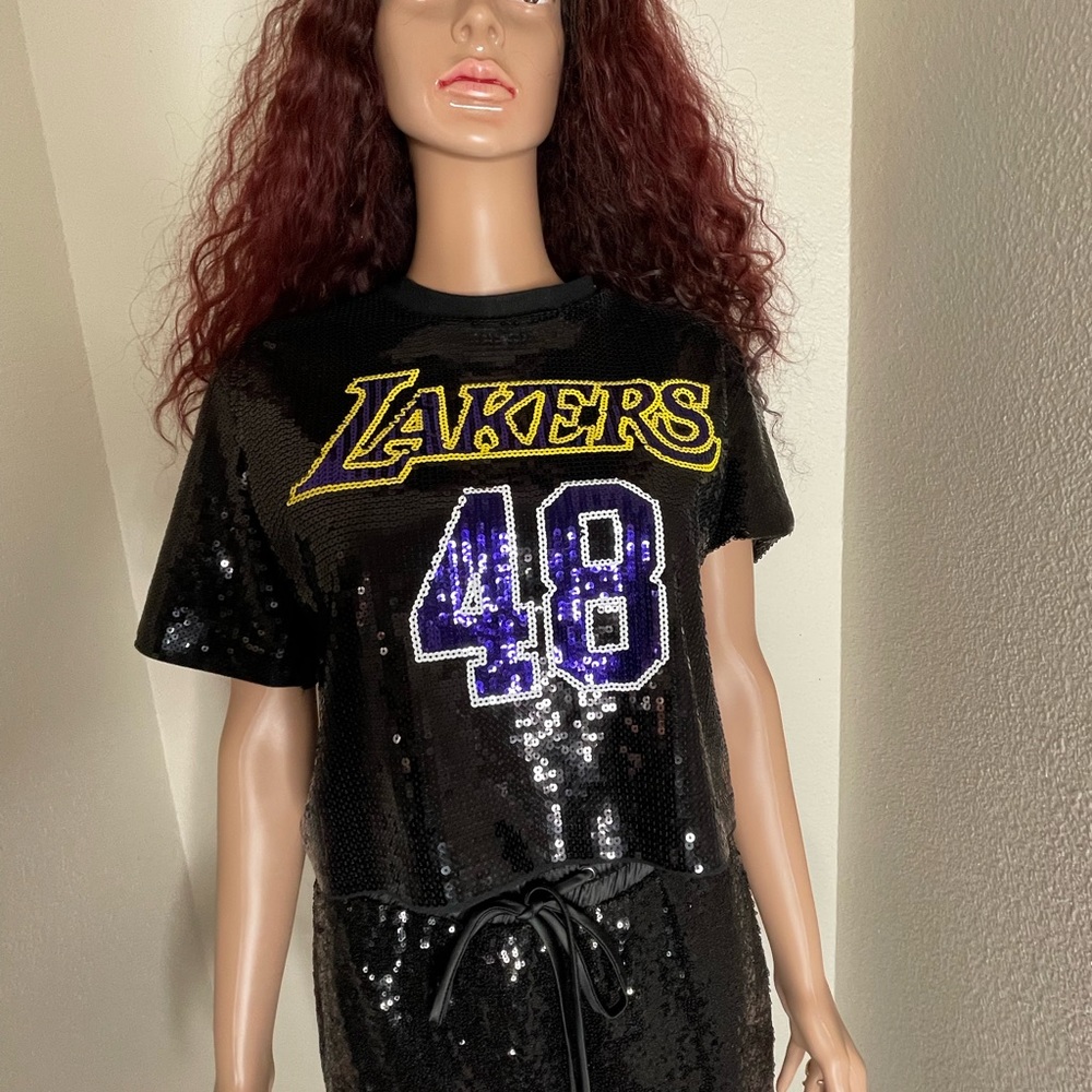 Fashion Nova Sequin Lakers Crop Top and Sequin Black Pants Medium